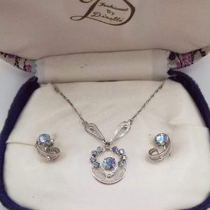 Dixelle Vintage Sterling Necklace & Screw-on Earring Set AB Rhinestone